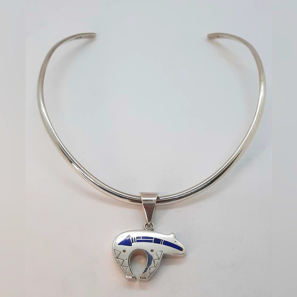 Ray Tracey Navajo Lapis Spiritual Bear Pendant with Chocker